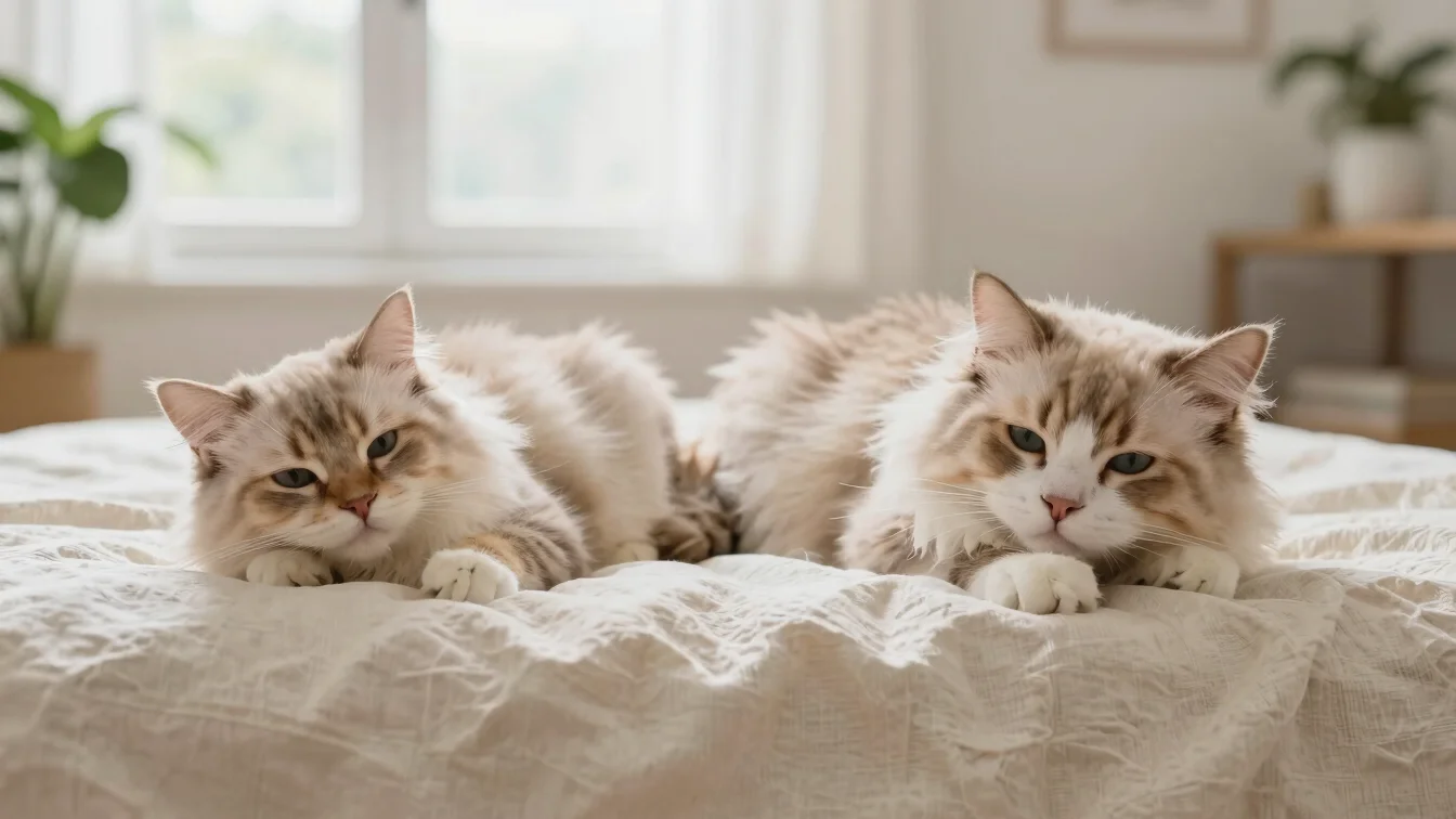 Calm fluffy cat and dog resting peacefully together on soft cream