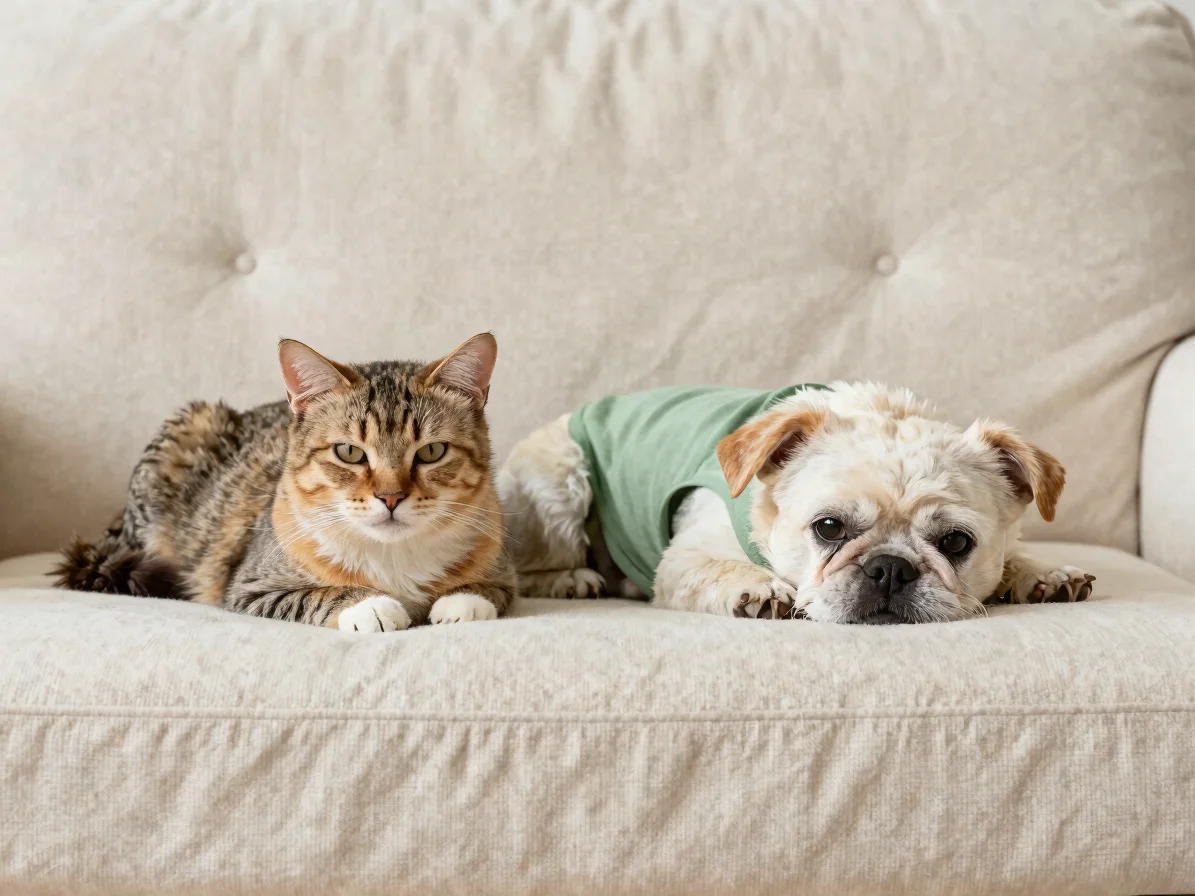 Calm fluffy cat and dog resting side by side on natural cream lin