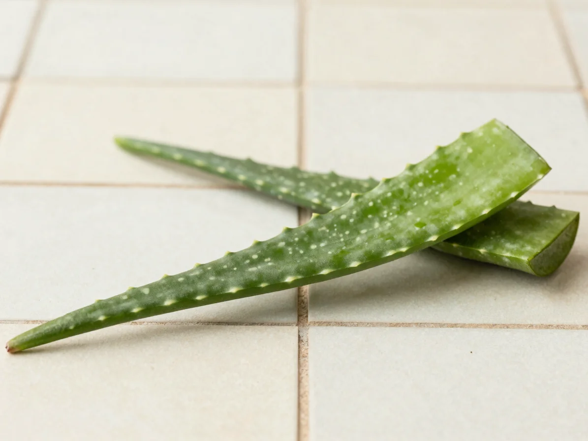 Fresh aloe vera cuttings resting beside clean ceramic tiles, soft