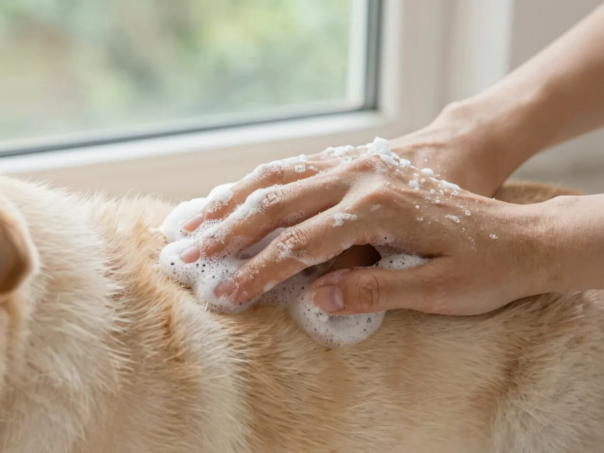 Close-up of gentle lather on healthy pet fur, warm window dayligh