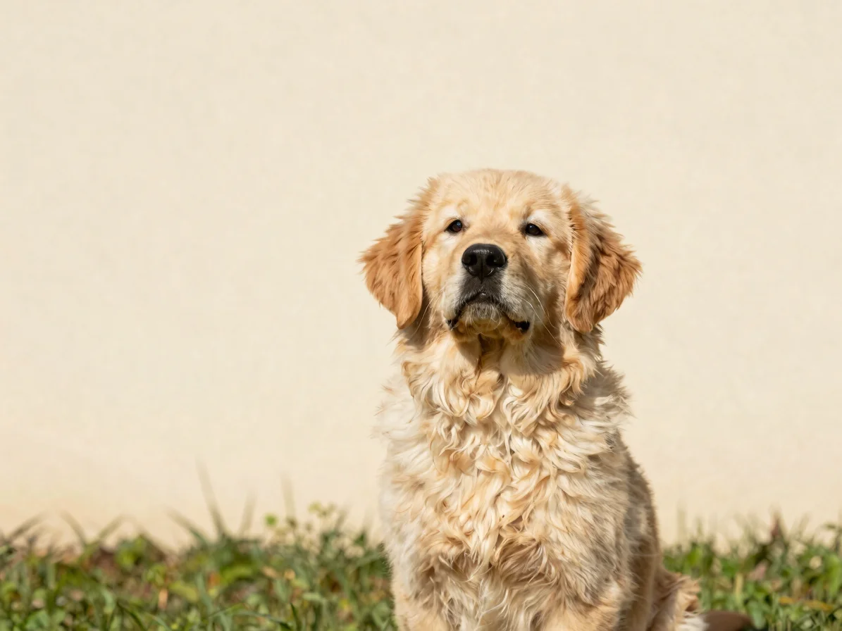 Fluffy golden puppy looking up with calm expression, warm cream b
