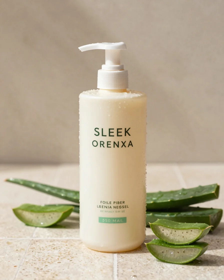 Sleek ORENXA shampoo pump bottle displayed on smooth stone tile w