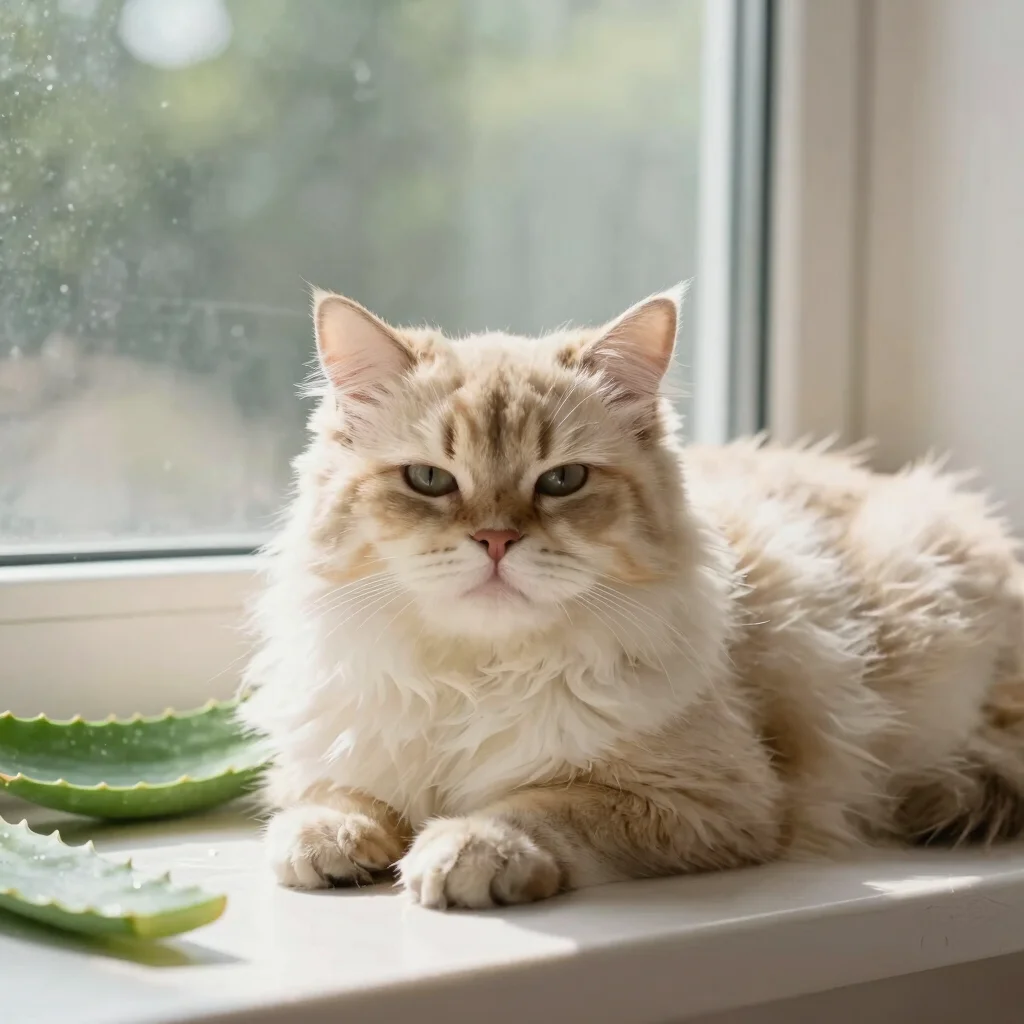 Fluffy cat resting peacefully after a refreshing aloe coat wash i