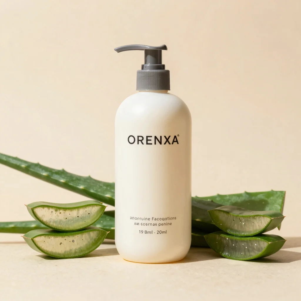 Studio arrangement of ORENXA shampoo bottle alongside fresh slice