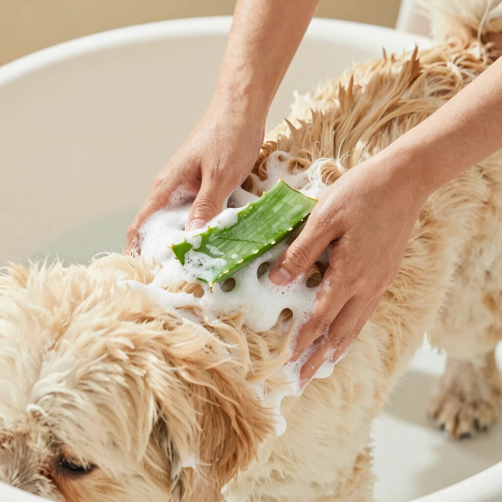 Gentle hands massaging rich aloe lather into fluffy dog coat duri