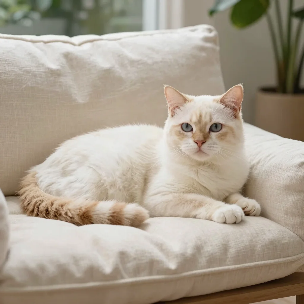 Calm cat with silky clean fur relaxing comfortably on a soft crea