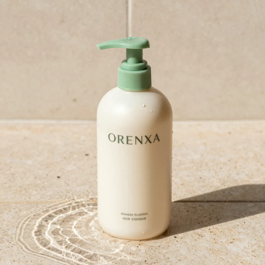 Close-up view of ORENXA shampoo pump bottle staged on soft stone